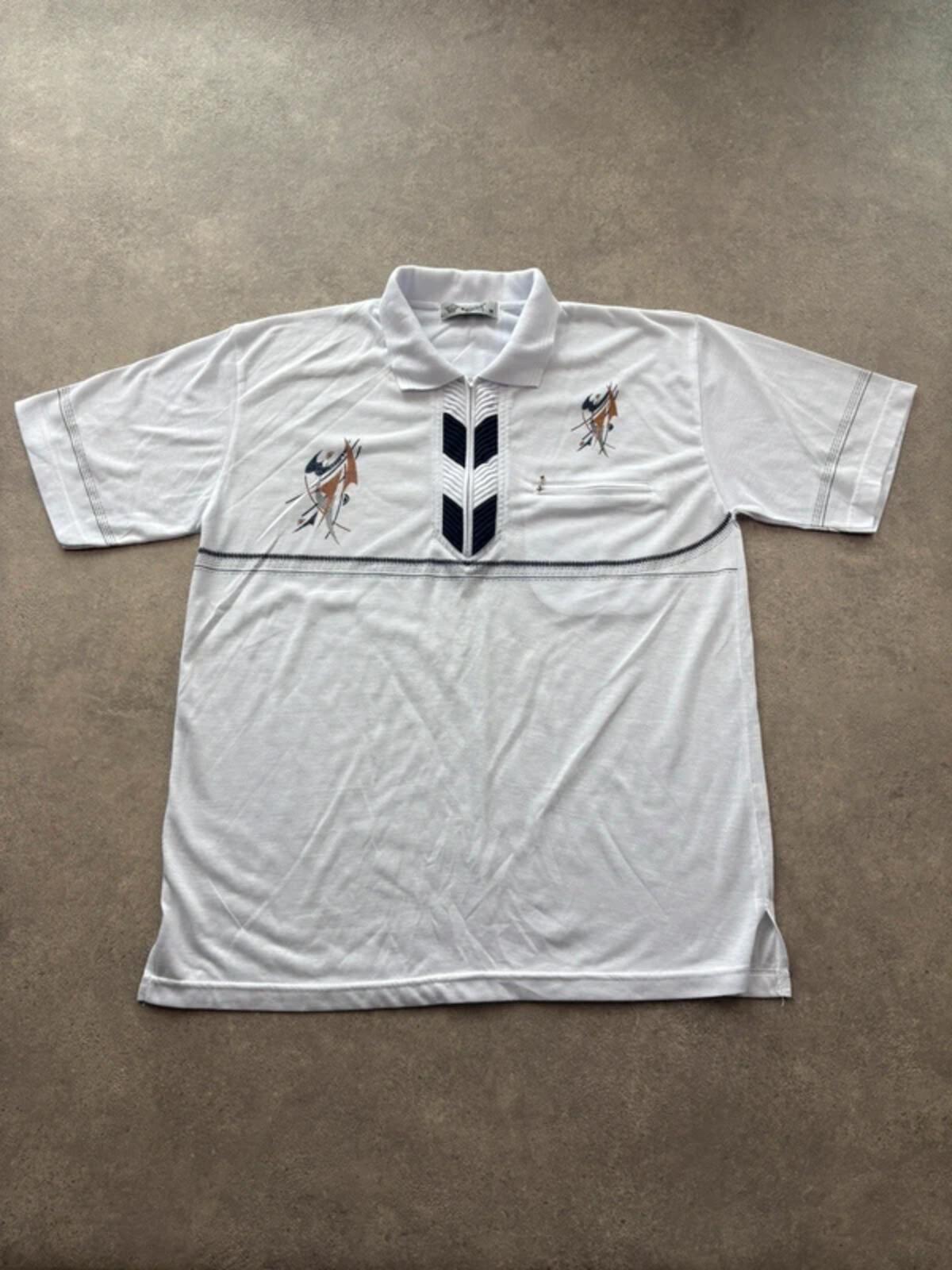 Vintage 1980s Polo Shirt Men’s Medium White Quarter Zip Short Sleeve Retro