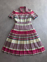 Vintage 1970s Pleated Dress Women’s Medium Pink Stripe Retro Midi