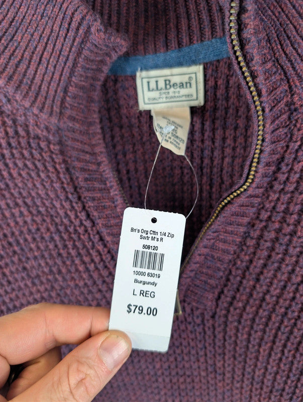 L.L.Bean Jumper Mens Large Regular Burgundy Knitted Quarter Zip Pullover New