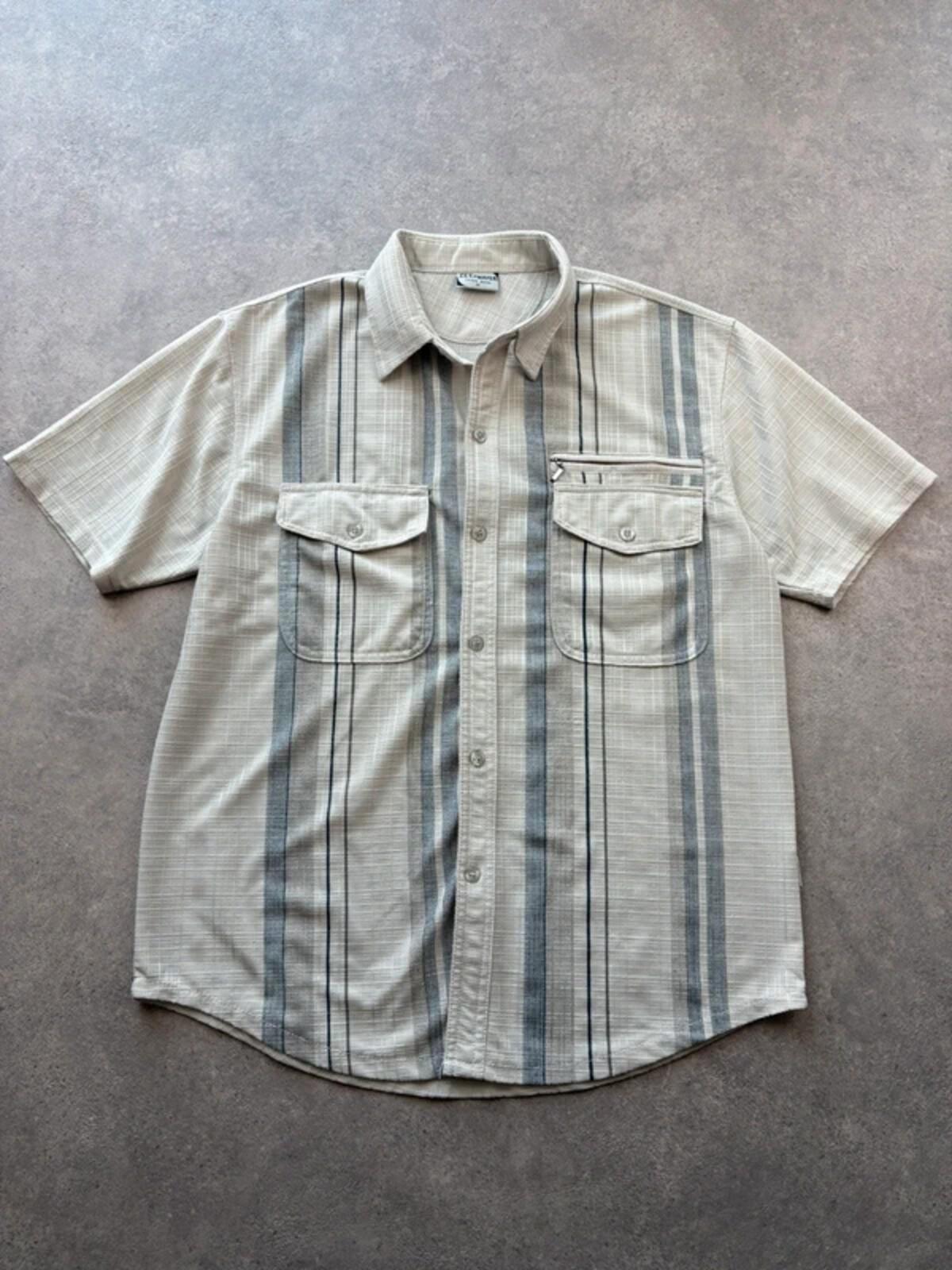 Vintage 1990s Shirt Men’s Medium Beige Panama Striped Utility Short Sleeve
