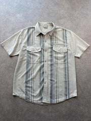 Vintage 1990s Shirt Men’s Medium Beige Panama Striped Utility Short Sleeve