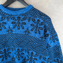 Hand Knitted Jumper Womens XL Extra Large Blue Vintage Pullover Retro