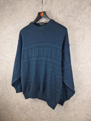 First Class Jumper Mens Medium Blue Crew Neck Aran Pullover Fisherman Sweater