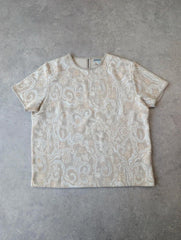 Vintage 1970s Cropped T-Shirt Women’s Large Beige Floral Paisley Retro Boho