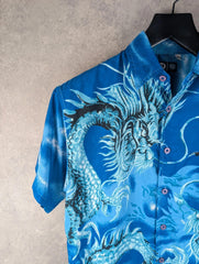 Here & There Dragon Print Shirt Mens M Medium Dragon Y2K Short Sleeve