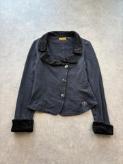Y2K Blazer Womens Medium Black Cotton Faux Fur Trim Button Up Y2K