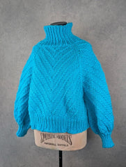 Hand Knitted Chunky Knit High Neck Jumper Women’s Medium Oversized Blue