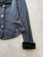 Y2K Blazer Womens Medium Black Cotton Faux Fur Trim Button Up Y2K
