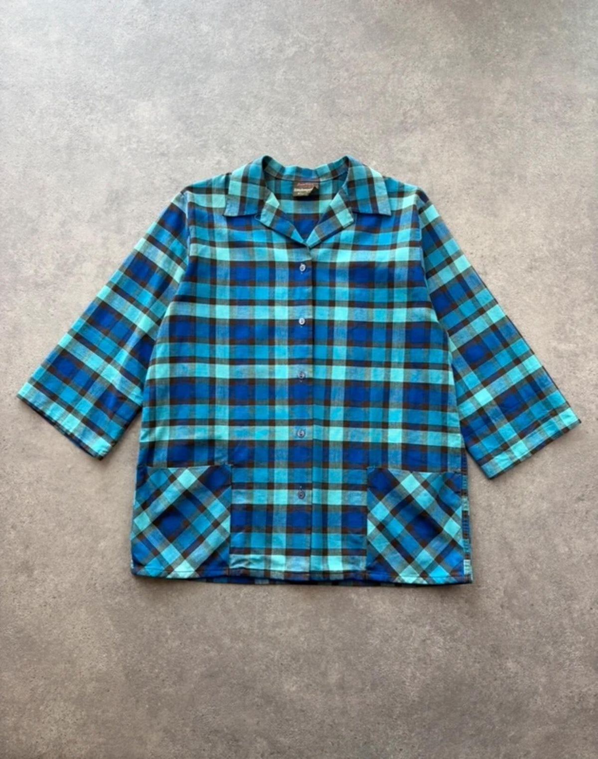 Aertex Shirt Women’s Medium Blue Check Vintage 1980s Three Quarter Sleeve Chore