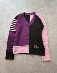 Y2K Jumper Women’s Small Purple Black Goth Punk V Neck Stretch Knitted Sweater