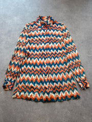 Vintage 1970s Shirt Women's Medium Blue Orange Pointed Collar Retro Long Sleeve