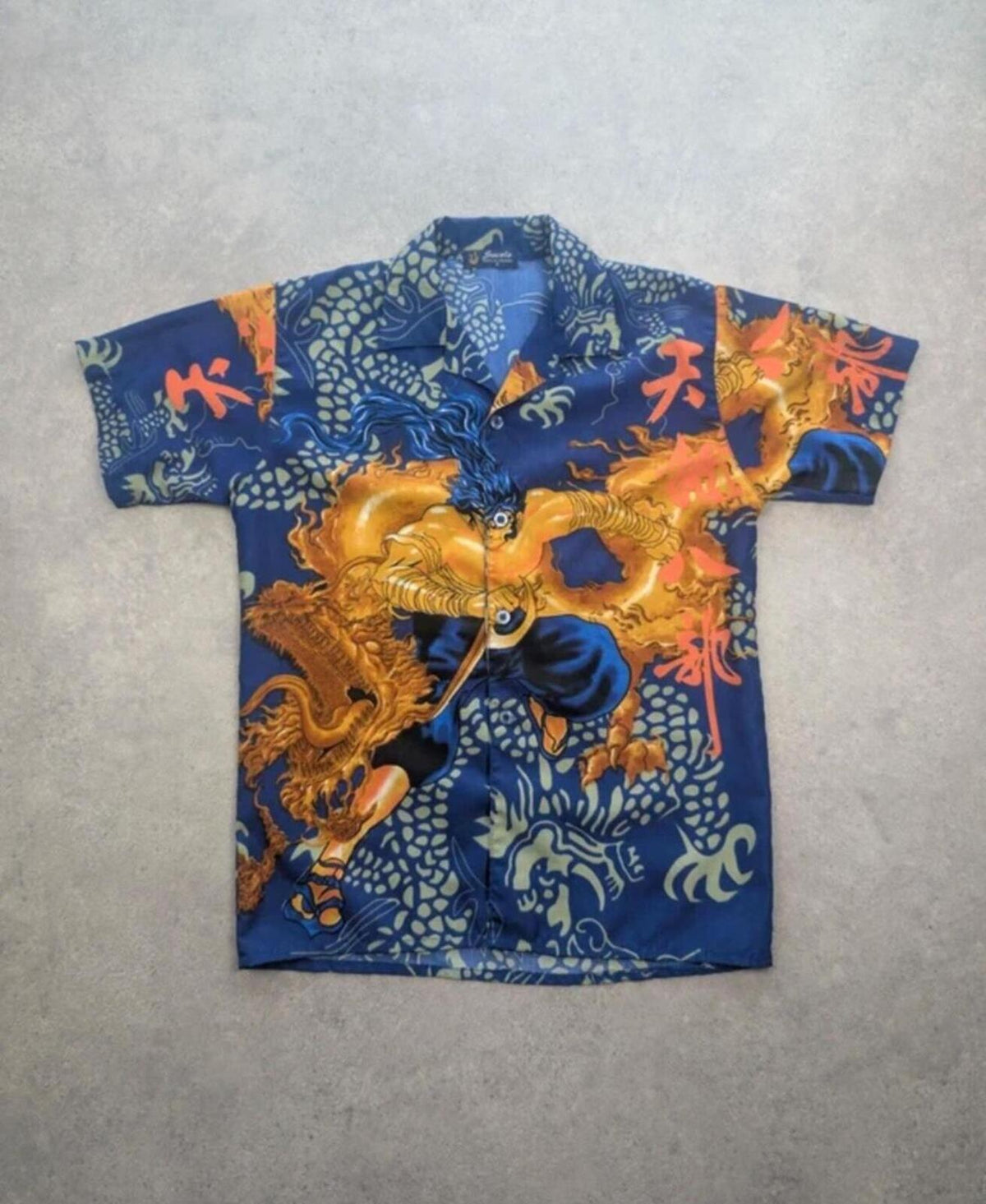 Y2K Shirt Men's Small Blue Japanese Dragon Graphic Short Sleeve