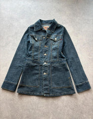 Y2K Denim Mini Dress Women’s Extra Small Blue Button Front Fitted Long Sleeve