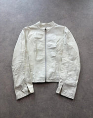 Vintage Leather Jacket Womens Medium White Faded Biker Zip Up Minimalist