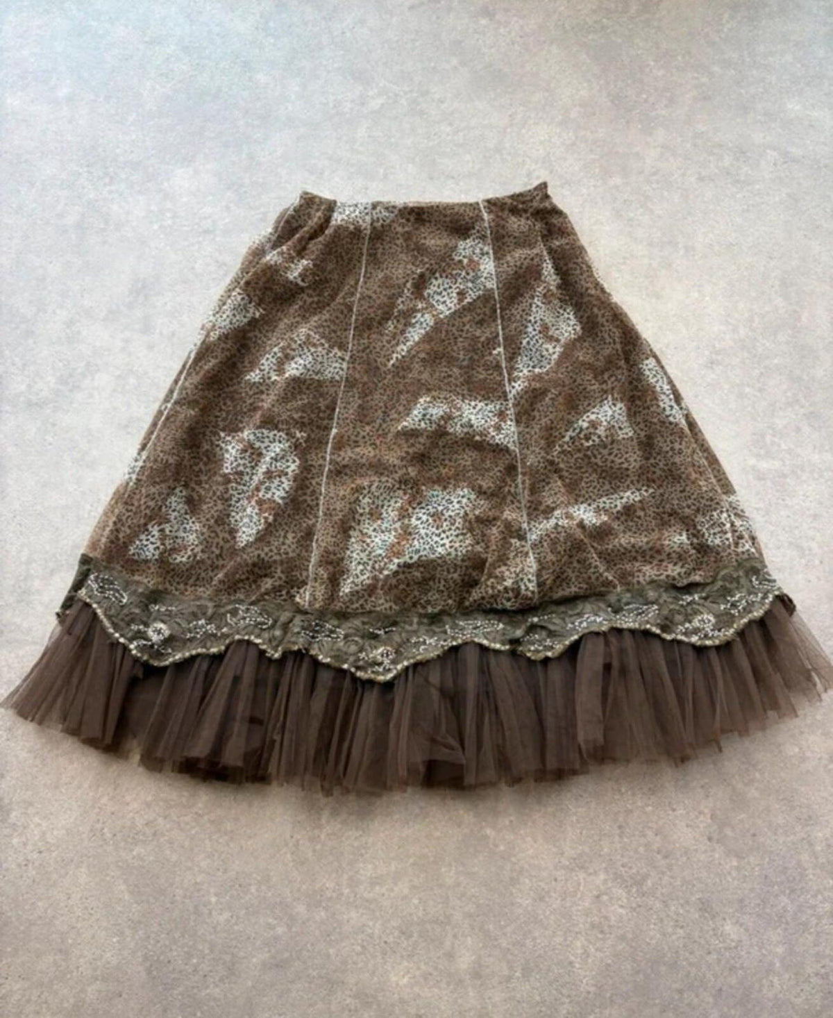 Y2K Midi Skirt Women’s Small Brown Animal Print Tulle Lace Boho