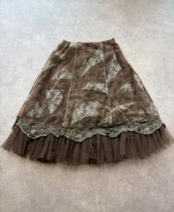 Y2K Midi Skirt Women’s Small Brown Animal Print Tulle Lace Boho