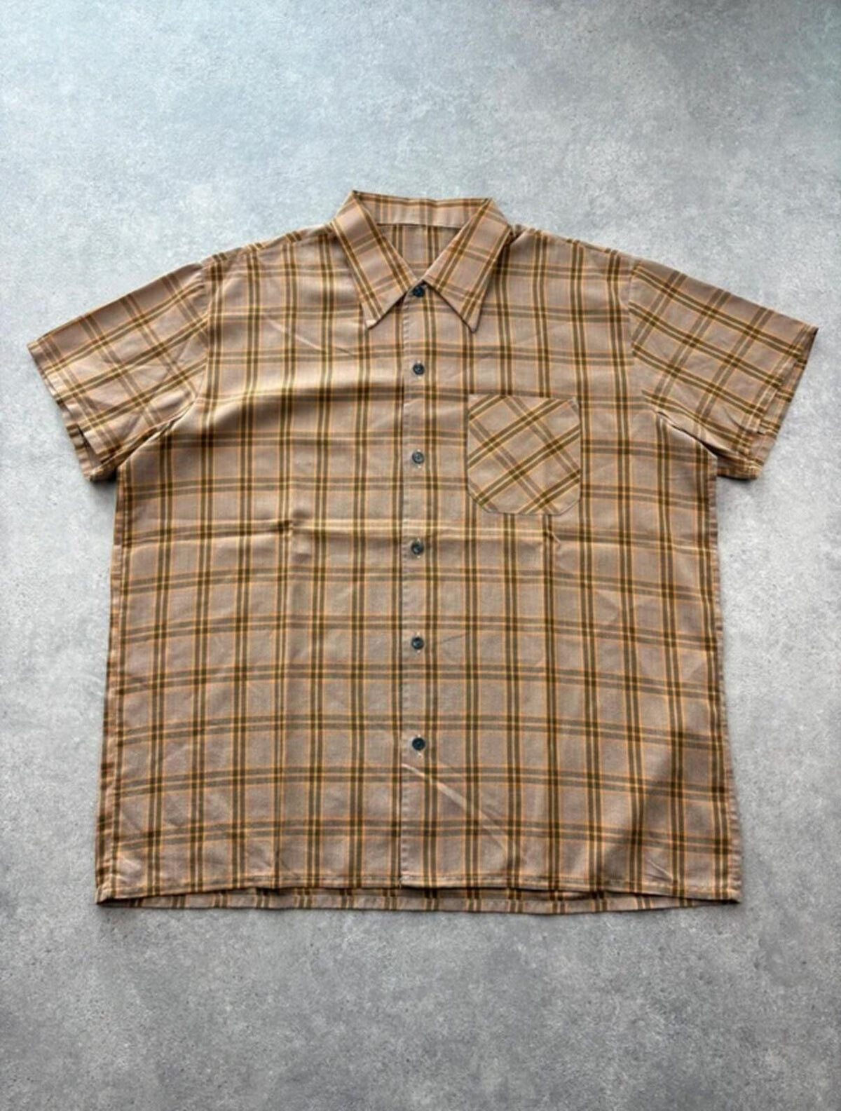 Vintage 1970s Shirt Men’s Large Brown Check Short Sleeve Button Up Dagger Collar