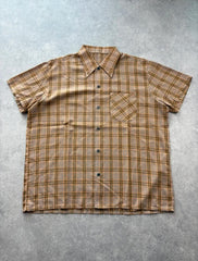 Vintage 1970s Shirt Men’s Large Brown Check Short Sleeve Button Up Dagger Collar