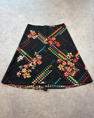 Vintage 1970s Midi Skirt Womens Medium Black Floral Geometric Slip On Boho