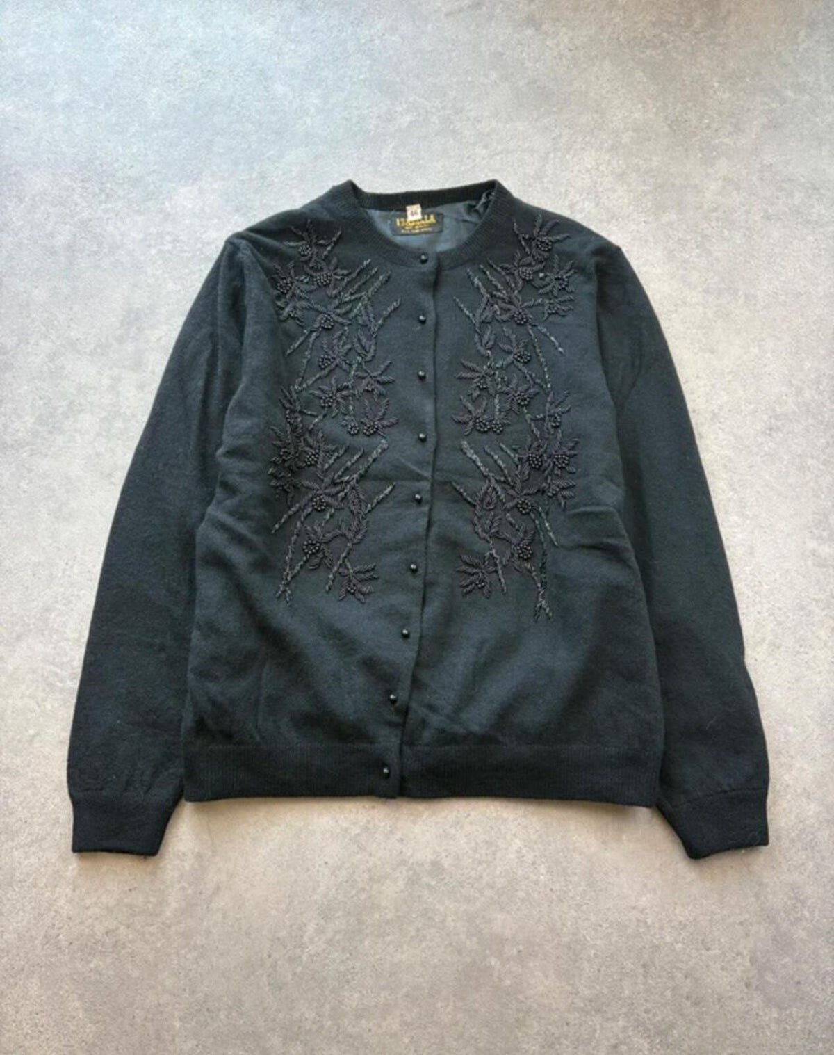 Vintage 1980s Lambswool Cardigan Womens Large Black Beaded Floral Knit Button Up