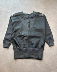 Vintage 1980s Leather Jumper Womens XL Black Metallic Baggy Elasticated Retro