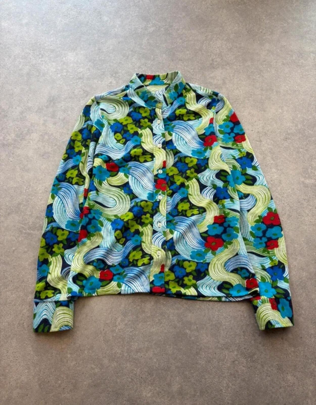 Vintage 1970s Blouse Womens Medium Floral Psychedelic Long Sleeve Retro Mod